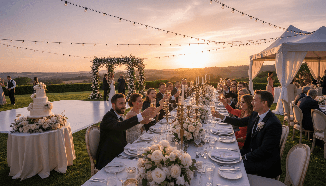 Guests enjoying an upscale outdoor event with elegant decor and warm ambient lighting