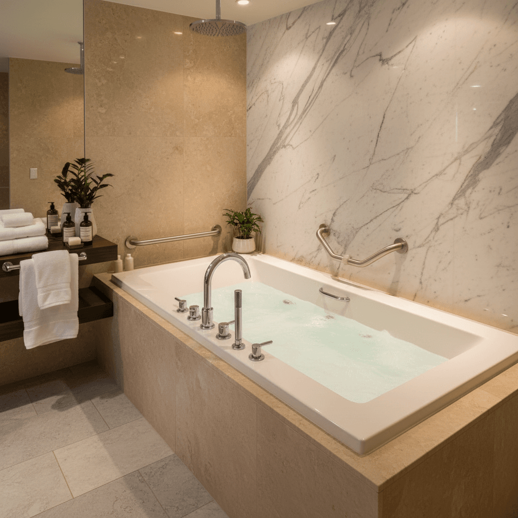 Premium interior of a luxury bathroom trailer with marble countertops and high-end fixtures