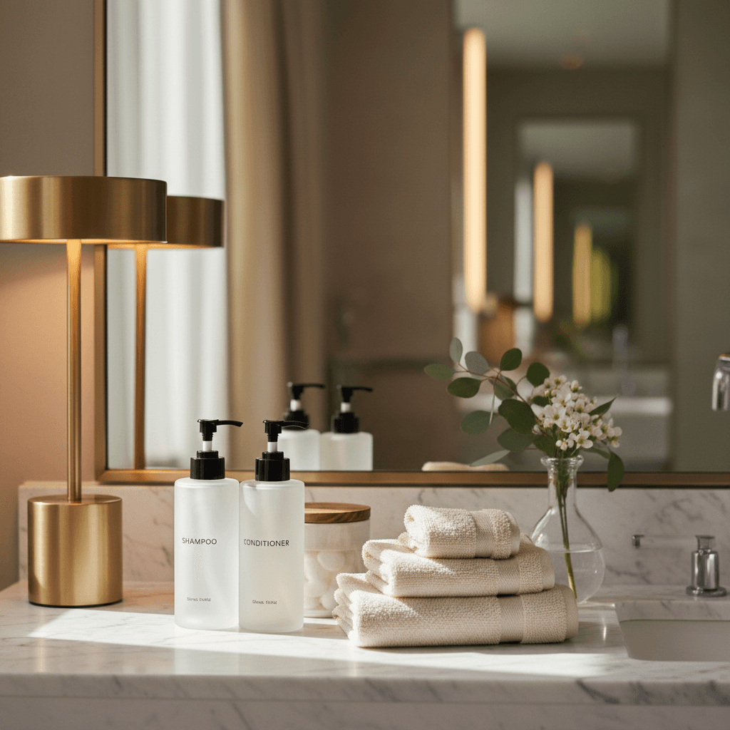 Spacious interior of luxury bathroom trailer