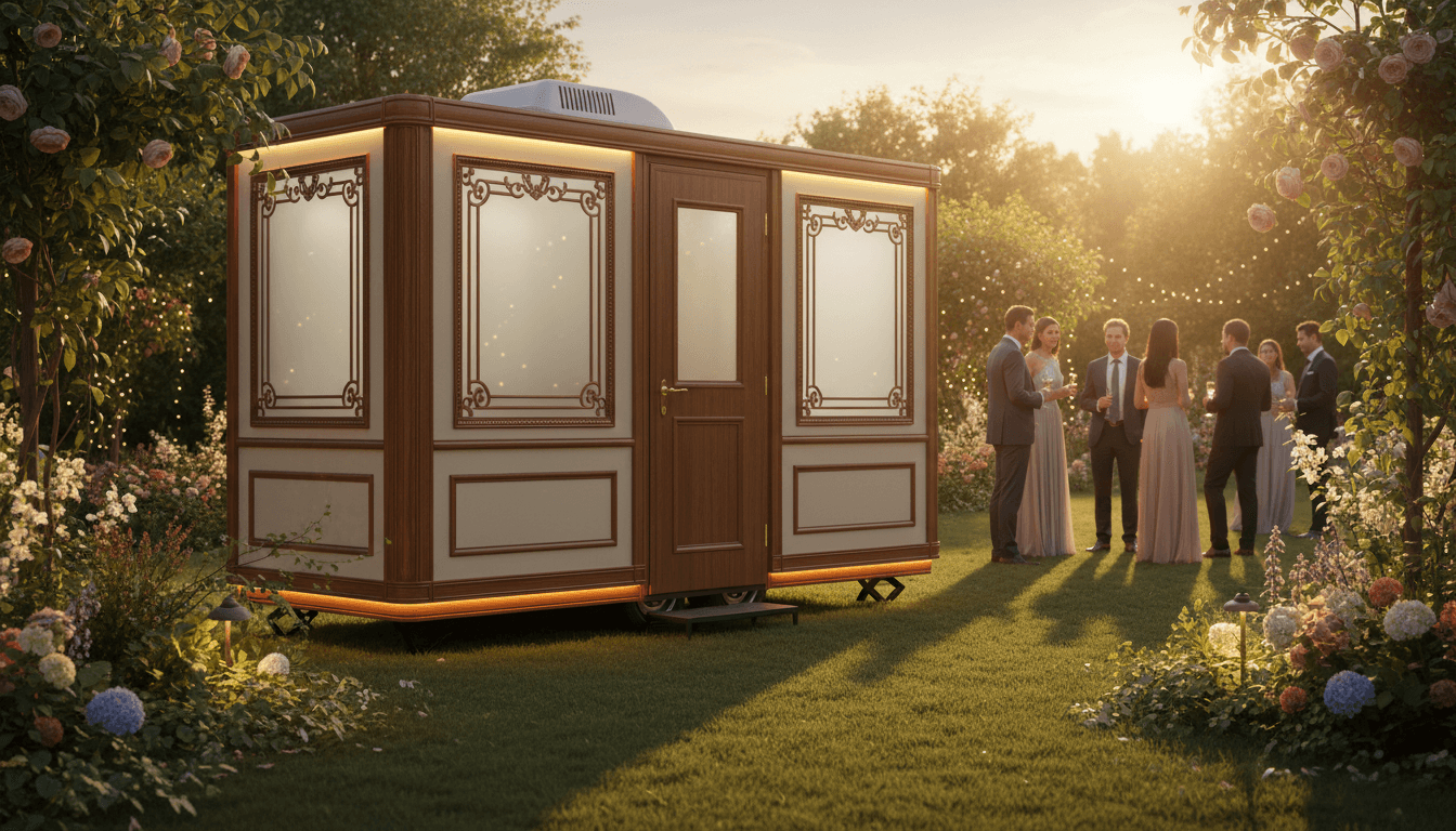 Luxury bathroom trailer beautifully illuminated at an evening outdoor wedding event in Windsor, Ontario