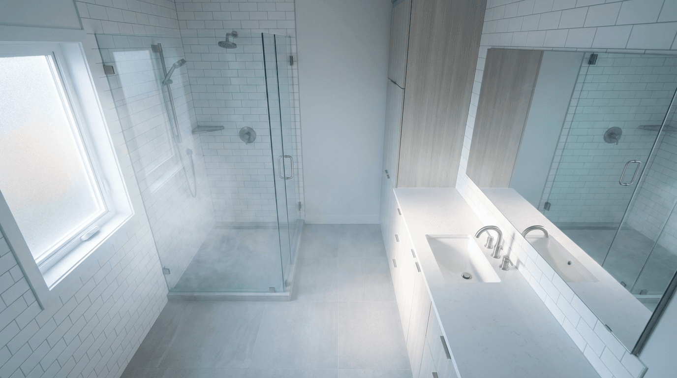 Porcelain fixtures and chrome sink in luxury bathroom trailer