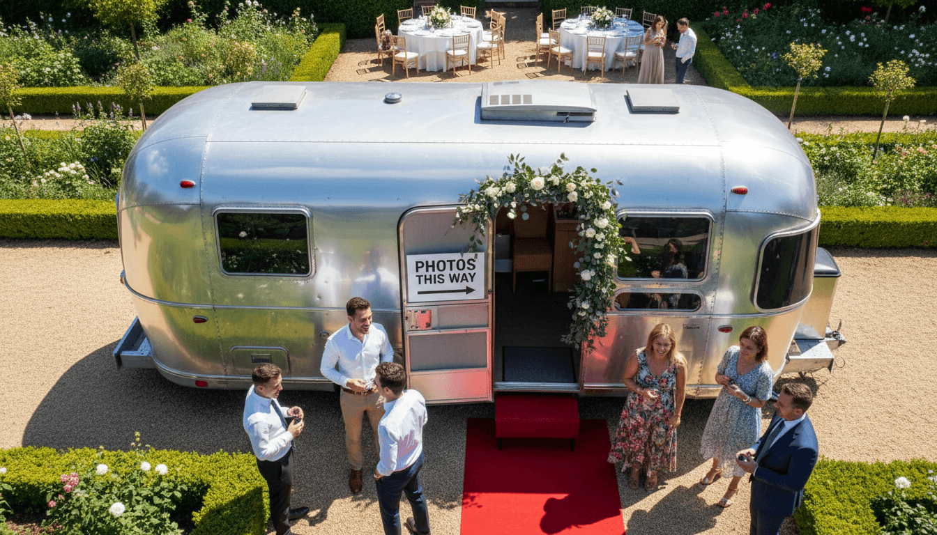 Luxury trailer at outdoor garden wedding ceremony
