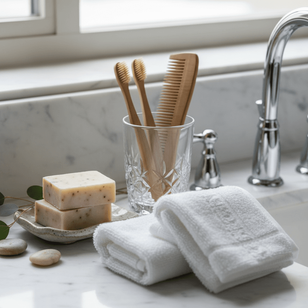 Close-up of premium toiletries and amenities in a luxury bathroom trailer