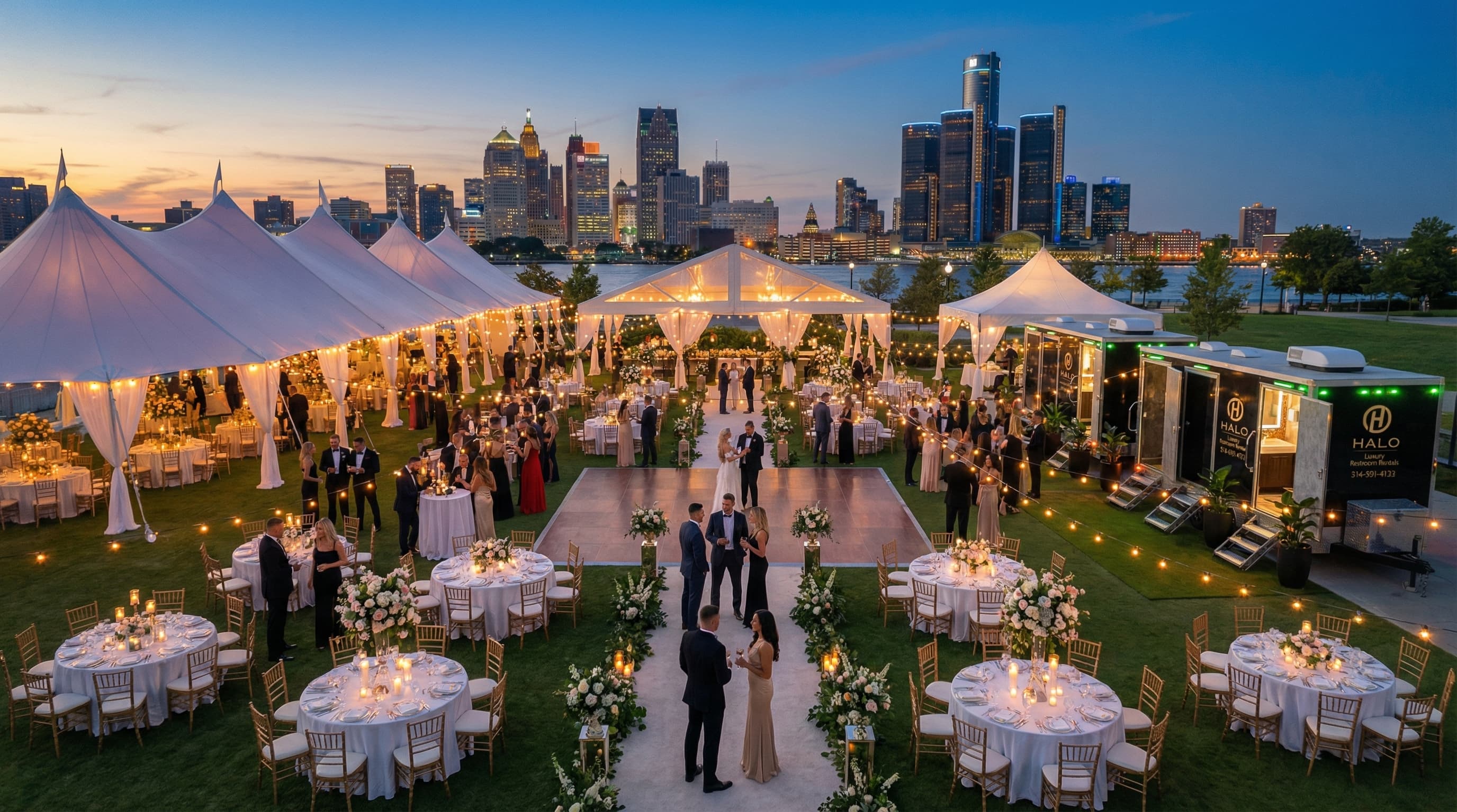 Elegant outdoor wedding reception featuring white tents and string lights with a city skyline view.