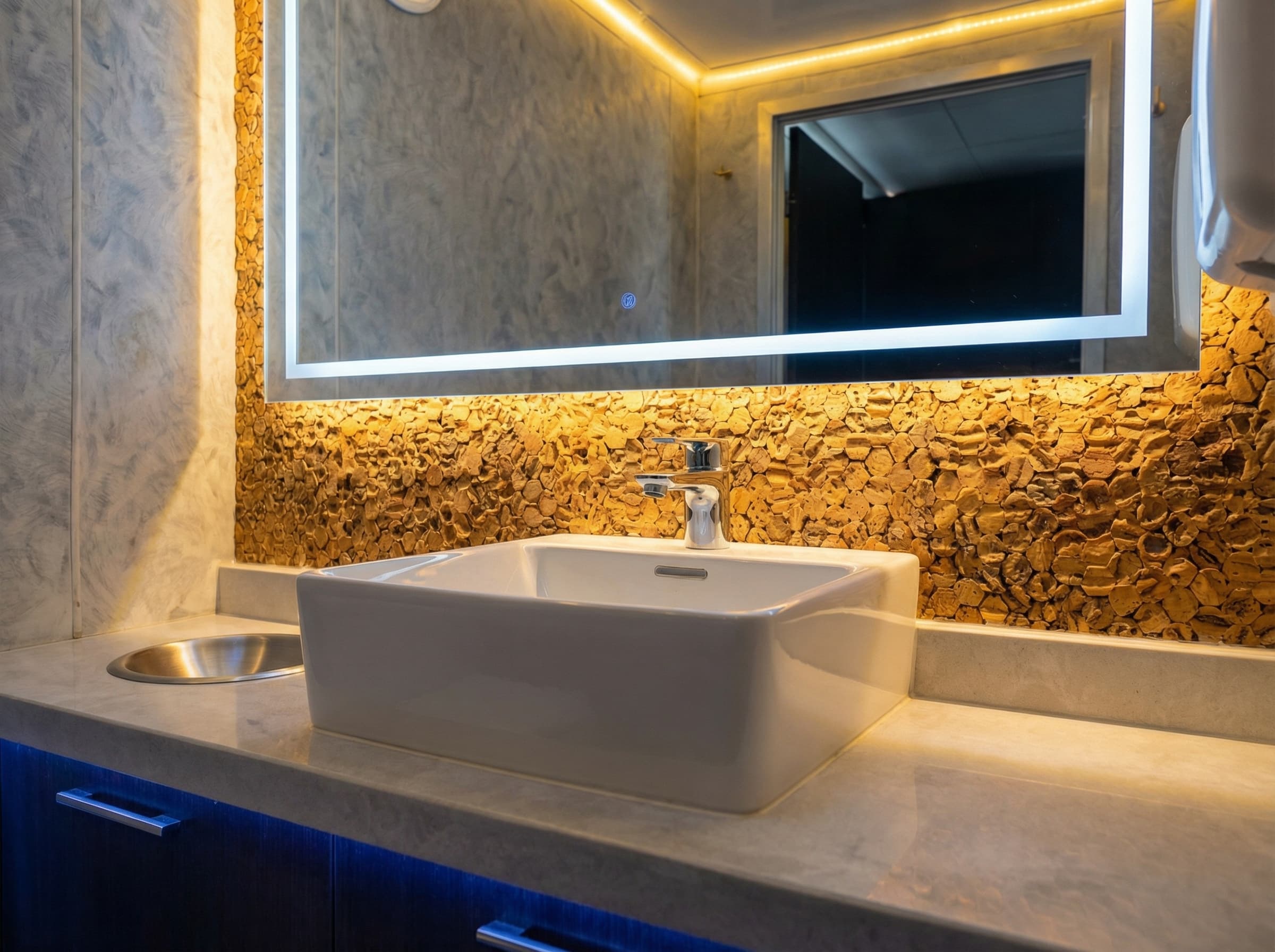 Modern white vessel sink on marble countertop with backlit mirror and textured cork backsplash.